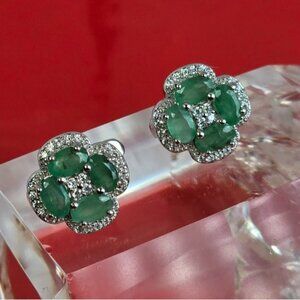925 Sterling Silver Flower Earrings with Natural Emerald & Cz